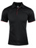 A black polo shirt featuring a red collar and sleeve trim, with a three-button placket and a logo.