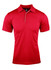 A red polo shirt with a collared neck and short sleeves, featuring a logo on the chest.