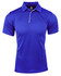 A blue polo shirt with a collar and three buttons, featuring a logo on the chest area.