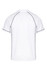 A white polo shirt with black detailing and a logo, featuring a classic design and short sleeves.