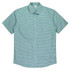 A short-sleeve button-up shirt in teal and white gingham pattern, featuring a collar and front buttons.