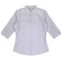 A button-up shirt with a 3/4 sleeve design, featuring a striped pattern in light purple and white. It has a logo.