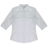A light green and white striped button-up shirt with 3/4 sleeves and a collar. It features a logo on the design.