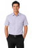 A short-sleeve button-up shirt in light purple with a pocket, worn by a smiling male model. The shirt features a logo.
