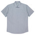 Short sleeve button-up shirt in light blue with white stripes and a chest pocket, featuring a logo.