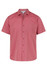 A short sleeve button-up shirt in a red striped pattern with a chest pocket and branding.