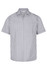A short-sleeve button-up shirt featuring a grey and white checkered pattern, with a single chest pocket and a logo.