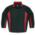 A track jacket featuring a black body with red side stripes and a zip front. It has a collar and a logo on the chest.