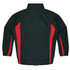 A green track jacket featuring red side stripes and a collar, with a logo on the design.