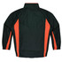 A dark green track jacket with orange stripes on the sides and a high collar. It features a logo.