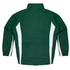 A green track jacket with white stripes on the sides and a high collar. It features a logo on the back.