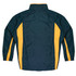 A dark green track jacket with yellow side panels, featuring a collar and a logo.