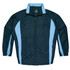 A dark green track jacket featuring light blue panels and a zip closure. It has branding on the upper portion.
