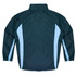 A dark green track jacket with light blue side panels and a high collar. Features a branding logo.
