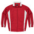 A red track jacket with white stripes and a zip-up front, featuring a logo on the chest area.