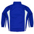 A blue track jacket featuring white side panels and a high collar. It has a logo on the front.
