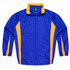A blue track jacket with yellow side stripes and a collar, featuring a zip front and logos.