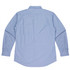 A long-sleeve button-up shirt in a light blue colour with a woven texture and a logo.