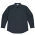 A long sleeve button-up shirt in dark grey with a single chest pocket and a logo.
