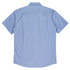 A short sleeve button-up shirt in light blue with a back pleat detail and a small logo.