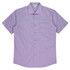 A short sleeve button-up shirt in light purple with a single chest pocket and a branded label.