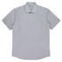 A short-sleeve button-up shirt featuring a striped pattern in hues of blue and white, with a pocket on the chest.