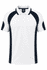 A white polo shirt with black accents and a logo on the chest, featuring a classic collar and short sleeves.