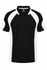 A black and white polo shirt with short sleeves and a logo on the chest.