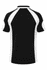 A black polo shirt featuring white accents, displaying a logo on the back.