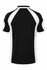 A black polo shirt featuring white accents, displaying a logo on the back.