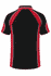 A black and red polo shirt featuring contrasting trim and a logo on the back.