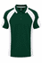 A dark green polo shirt featuring white accents and a logo on the chest. Styled with a collared neckline and short sleeves.