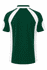 A polo shirt in dark green with white accents, featuring a logo on the back.