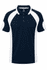 A navy blue polo shirt with white accents and a logo on the chest. Features short sleeves and a collared neck.
