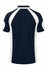 Navy blue polo shirt with white contrasting panels. Features a logo on the upper back.
