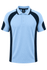 A light blue polo shirt featuring navy accents and a logo on the chest. Suitable for casual wear.