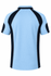 A light blue polo shirt with navy accents and short sleeves. Features a logo on the chest area.