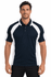A navy polo shirt with white accents and a logo on the chest, featuring a collared neckline and short sleeves.