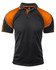 A black and orange polo shirt featuring a contrasting design and a collar, suitable for casual wear.
