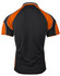 A black and orange polo shirt featuring a contrasting design and a logo on the back.