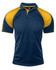A navy and yellow polo shirt with a collar and short sleeves, featuring a logo on the chest.