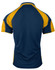 A navy blue polo shirt with yellow accents on the sleeves and back. It features a logo.