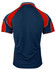 A navy blue polo shirt with red accents on the sleeves and collar, featuring a logo on the front.
