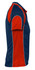 A polo shirt in navy blue with red sleeves and white piping, featuring a logo on the chest.