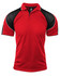 A red polo shirt with black raglan sleeves and a contrast trim, featuring a logo on the collar.