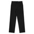 A pair of black pleated men's pants featuring front pockets and a waistband with a logo.