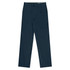 Navy pleated pants with a button closure and side pockets, featuring a logo on the waistband.