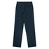 A pair of navy pleated men's slacks with two back pockets and a smooth finish. Features a logo on the waistband.