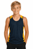 A singlet for kids in navy blue with yellow detailing, featuring a logo on the chest.