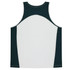 A singlet with a white front and dark green back, featuring a logo on the fabric.